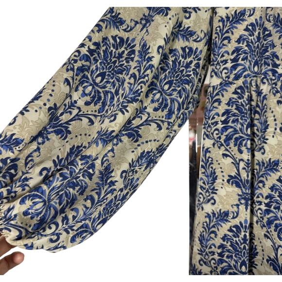 Dokotoo Medium Damask Beige Blue Maxi Dress Tiered NWT Balloon Peasant Boho - Picture 7 of 9